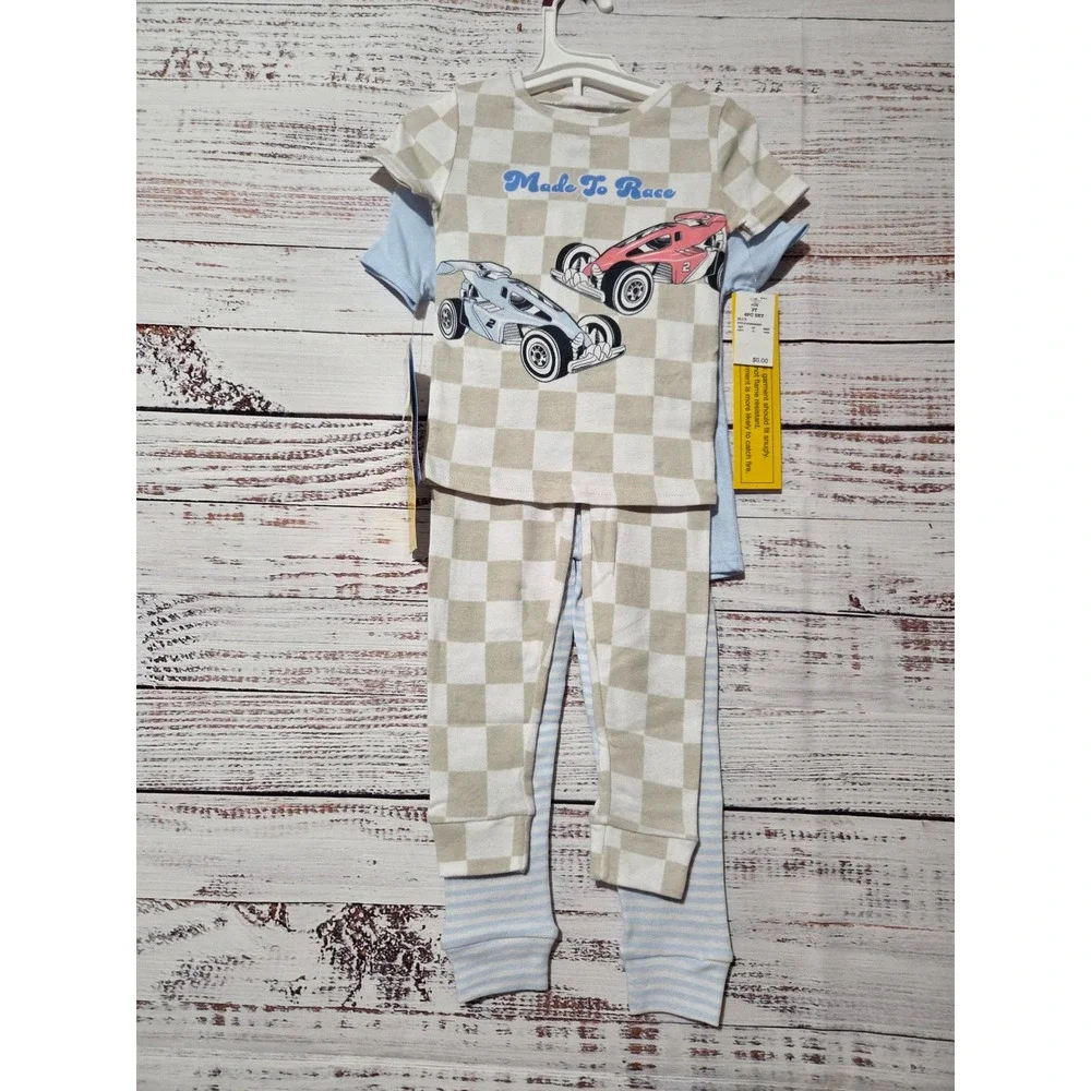 Hot Wheels Boys 4-Piece Pajama Set Blue Checkered Cotton 3T Unisex